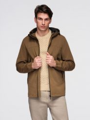 Lekka kurtka męska z wodoodporną powłoką i kapturem– brązowa V2 - Rozmiar: XL. Brązowe kurtki męskie Ombre Clothing, m, z aplikacjami, z materiału, eleganckie. W wyprzedaży za 166.39 zł.