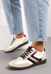 Brązowe Casualowe Sneakersy z Geometrycznymi Wzorami i Kontrastowymi Przeszyciami Riandrea. Brązowe obuwie sportowe damskie Renee, bez wzorów, z jeansu. Za 59.99 zł.