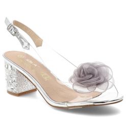 Sandały damskie S.Barski, z transparentnym paskiem ozdobny kwiat pasek z regulacją stabilny obcas elegancki styl, srebrne, MR61-9011. Szare klapki damskie S.BARSKI, bez wzorów, bez obcasa, na obcasie, bez zapięcia. Za 199.00 zł.