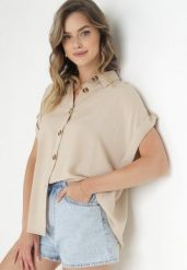 Beżowa Koszula z Krótkim Rękawem Talias. Brązowe bluzki damskie Born2be, l, bez wzorów, bez kołnierzyka, bez ramiączek. Za 59.99 zł.