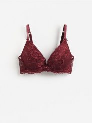 Biustonosz push up z koronką - bordowy. Czerwone biustonosze Reserved, bez wzorów, z dzianiny. Za 69.99 zł.