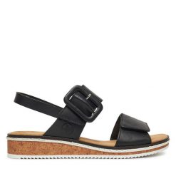 Sandały Rieker. Czarne sandały damskie Rieker, bez wzorów, bez obcasa, na koturnie, bez zapięcia. Za 319.99 zł.