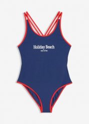 Kostium kąpielowy. Niebieskie stroje kąpielowe dla dziewczynek bonprix, bez wzorów. Za 59.99 zł.