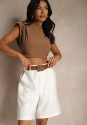 Białe Szorty z Wiskozą w Eleganckim Stylu z Paskiem z Klamrą Aravene. Białe szorty damskie Renee, l, bez wzorów, z materiału, eleganckie, z podwyższonym stanem. Za 79.99 zł.