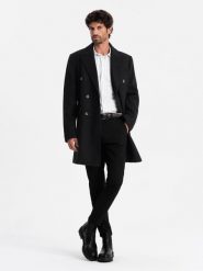 Męski dwurzędowy płaszcz z ozdobnymi guzikami – czarny V2 - Rozmiar: XL. Czarne płaszcze męskie Ombre Clothing, m, bez wzorów, z materiału, eleganckie, długie, bez kaptura. W wyprzedaży za 374.99 zł.