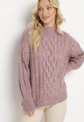 Jasnofioletowy Golf w Warkoczykowy Splot Defavia. Fioletowe swetry damskie Born2be, bez wzorów, z dzianiny, bez kołnierzyka, bez ramiączek, bez kaptura. Za 129.99 zł.