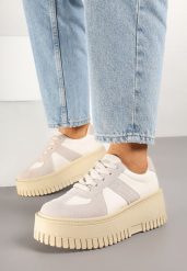 Beżowo-Szare Sneakersy w Stylu Tenisówek na Platformie z Tłoczeniami Firreis. Brązowe obuwie sportowe damskie Born2be, bez wzorów, z jeansu, tenisowe. Za 99.99 zł.