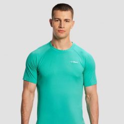 Koszulka męska do biegania luźna zielona Pulse X. Zielone koszulki sportowe męskie GYMBEAM, m, bez wzorów, z materiału, bez kołnierzyka, bez ramiączek, do biegania. Za 67.90 zł.