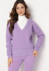 Jasnofioletowa Bawełniana Bluza z Dekoltem w Serek Gitra. Fioletowe bluzy damskie Born2be, bez wzorów, z bawełny, bez kaptura. Za 89.99 zł.