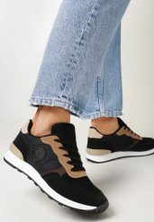 Czarne Sznurowane Sneakersy z Okrągłym Noskiem Halaina. Czarne obuwie sportowe damskie Born2be, bez wzorów. Za 79.99 zł.