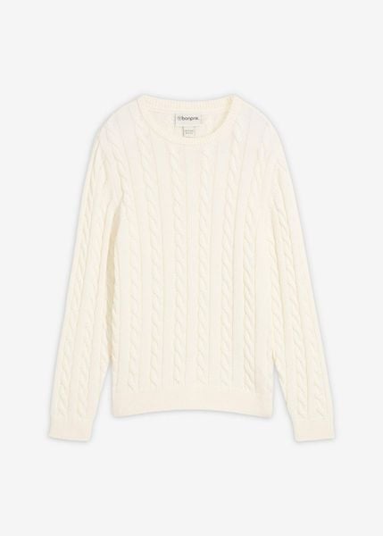 Gruby sweter ze wzorem w warkocze, z bawełny organicznej nadającej się do recyklingu. Białe swetry dla chłopców bonprix, bez wzorów, z bawełny, bez kołnierzyka, bez kaptura. Za 84.99 zł.