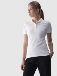 4F Koszulka polo slim damska - biała XL. Białe koszulki sportowe damskie 4f, xl, bez wzorów, z bawełny, bez kołnierzyka, bez ramiączek. W wyprzedaży za 59.99 zł.