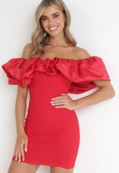Czerwona Sukienka Dopasowana z Falbanami Acore. Czerwone sukienki damskie Born2be, na imprezę, m, bez wzorów, eleganckie, bez kołnierzyka, bez ramiączek, mini, dopasowane. Za 129.99 zł.