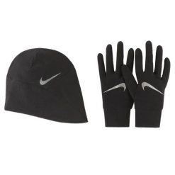 Komplet męski do biegania czapka i rękawiczki Nike Men's Hat and Glove Set. Czarne rękawiczki męskie Nike, bez wzorów, sportowe. Za 269.99 zł.
