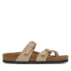 Japonki Birkenstock. Brązowe klapki damskie Birkenstock, bez wzorów, bez obcasa. Za 319.99 zł.