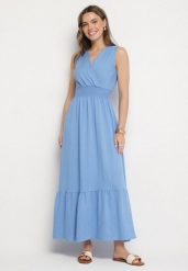 Niebieska Sukienka o Rozkloszowanym Kroju Bez Rękawów z Kopertowym Dekoltem Filoria. Niebieskie sukienki damskie Born2be, l, bez wzorów, eleganckie, bez kołnierzyka, bez ramiączek, maxi, kopertowe. Za 69.99 zł.