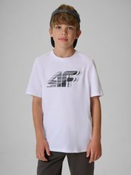 4F T-shirt regular z nadrukiem chłopięcy - biały 128 (7-8 lat). Białe t-shirty dla chłopców 4f, bez wzorów, z bawełny, bez ramiączek. Za 49.99 zł.