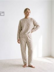 Polarowe spodnie od piżamy z tłoczonym wzorem warkoczowym - kremowy. Białe piżamy damskie Sinsay, l, bez wzorów, z polaru, bez ramiączek. Za 42.99 zł.