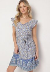 Niebieska Wiskozowa Sukienka o Rozkloszowanym Kroju z Wiązanym Paskiem Sepona. Niebieskie sukienki damskie Born2be, na co dzień, m, z aplikacjami, z wiskozy, eleganckie, bez kołnierzyka, bez ramiączek, mini, rozkloszowane. Za 39.99 zł.