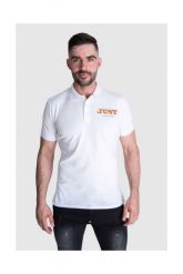 JUST CAVALLI Koszulka polo męska, biała złoto srebrne logo. Białe koszulki polo męskie Just Cavalli, m, bez wzorów, bez ramiączek. W wyprzedaży za 149.99 zł.