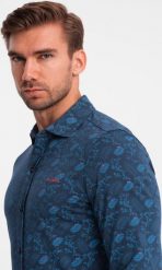 Ombre Męska koszula bawełniana z motywem roślinnym granatowa V1 OM-SHCS-0159 XXL. Koszule męskie Ombre, m, bez wzorów, z bawełny, bez kołnierzyka, bez ramiączek. Za 159.99 zł.