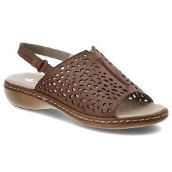 Sandały damskie Rieker, na płaskim obcasie skórzane licowe na rzepy ażurowe, brązowe, 65985-25. Brązowe sandały damskie Rieker, w ażurowe wzory, ze skóry, bez obcasa, na płaskiej podeszwie, bez zapięcia. Za 269.00 zł.