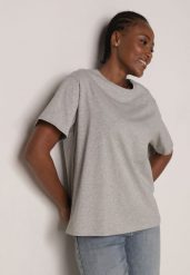 Szary T-shirt z Bawełny Typu Oversize Nedika. Szare bluzki damskie Born2be, m, bez wzorów, z bawełny, klasyczne, bez kołnierzyka, bez ramiączek. Za 39.99 zł.