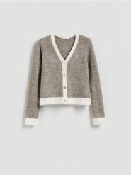 Kardigan z kontrastowymi wstawkami - brązowy. Brązowe kardigany damskie Reserved, l, bez wzorów, z dzianiny. Za 129.99 zł.