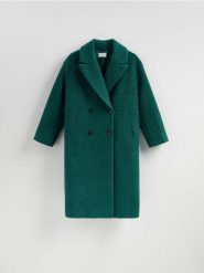 Dwurzędowy płaszcz oversize - morski. Zielone płaszcze damskie Reserved, l, bez wzorów, z tkaniny, bez kaptura. Za 279.99 zł.