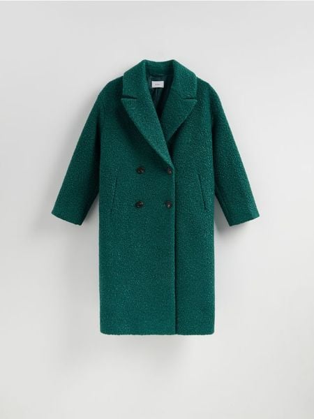 Dwurzędowy płaszcz oversize - morski. Zielone płaszcze damskie Reserved, l, bez wzorów, z tkaniny, bez kaptura. Za 279.99 zł.