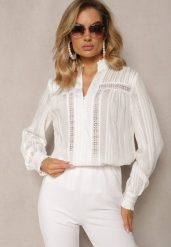 Biała Oversizowa Koszula Ozdobiona Ażurową Koronką Miaraha. Białe bluzki damskie Renee, na lato, l, w ażurowe wzory, z jeansu, eleganckie, bez kołnierzyka, bez ramiączek. Za 89.99 zł.