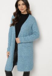 Niebieski Niezapinany Kardigan z Wełną i Wsuwanymi Kieszeniami Miandore. Niebieskie kardigany damskie Born2be, bez wzorów, z jeansu, eleganckie, bez kołnierzyka, bez ramiączek, długie, bez kaptura. Za 169.99 zł.