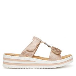 Klapki Rieker. Czerwone klapki damskie Rieker, bez wzorów, bez obcasa. Za 329.99 zł.