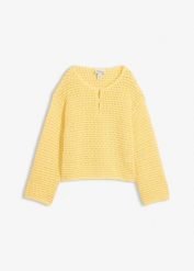 Sweter ażurowy oversize, o kroju pudełkowym. Żółte swetry damskie bonprix, w ażurowe wzory, z bawełny, bez kołnierzyka, bez ramiączek, bez kaptura. Za 112.99 zł.