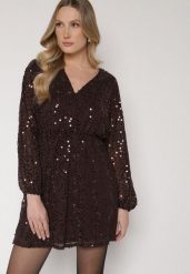 Brązowa Cekinowa Sukienka o Rozkloszowanym Kroju z Długimi Rękawami Reira. Brązowe sukienki damskie Born2be, na imprezę, l, bez wzorów, z poliesteru, eleganckie, bez kołnierzyka, bez ramiączek, mini, rozkloszowane. Za 169.99 zł.