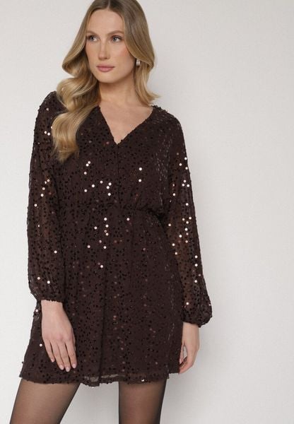 Brązowa Cekinowa Sukienka o Rozkloszowanym Kroju z Długimi Rękawami Reira. Brązowe sukienki damskie Born2be, na imprezę, l, bez wzorów, z poliesteru, eleganckie, bez kołnierzyka, bez ramiączek, mini, rozkloszowane. Za 169.99 zł.