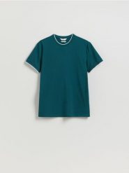 T-shirt regular z merceryzowaną bawełną - zielony. Zielone t-shirty męskie Reserved, l, bez wzorów, z bawełny, bez kołnierzyka. Za 79.99 zł.