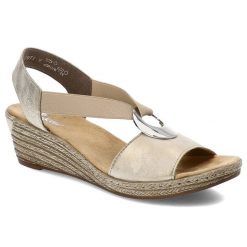 Złote Sandały Rieker Eleganckie Buty Damskie. Żółte klapki damskie Rieker, bez wzorów, z materiału, eleganckie, bez obcasa, na koturnie. Za 239.00 zł.