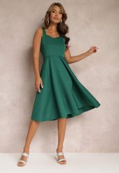 Zielona Sukienka Midi na Szerokich Ramiączkach z Rozkloszowanym Dołem Kiratta. Zielone sukienki damskie Renee, l, bez wzorów, eleganckie, bez kołnierzyka, bez ramiączek, midi, rozkloszowane. Za 129.99 zł.