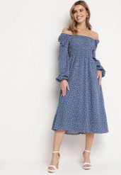 Granatowa Rozkloszowana Sukienka Midi w Kropki Farnai. Niebieskie sukienki damskie Born2be, m, bez wzorów, retro, bez kołnierzyka, bez ramiączek, midi, rozkloszowane. Za 54.99 zł.