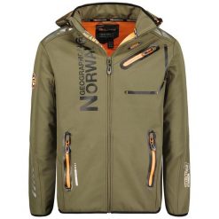 Geographical Norway ROYAUTE - softshell męski khaki z pomarańczowymi akcentami. Brązowe kurtki męskie Geographical Norway, m, bez wzorów, z elastanu, sportowe, bez kaptura. Za 239.00 zł.