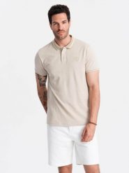 Melanżowa koszulka męska polo z kołnierzykiem w paski – piaskowa V4 OM-POSS-0109 - S. Koszulki polo męskie Ombre Clothing, m, z aplikacjami, z bawełny, bez kołnierzyka, bez ramiączek. W wyprzedaży za 39.99 zł.