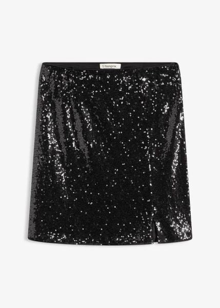 Spódnica mini zdobiona cekinami. Czarne spódnice damskie bonprix, z aplikacjami, eleganckie, mini. Za 127.99 zł.