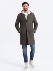 Jednorzędowy płaszcz męski bez podszewki – szarozielony V6. Szare płaszcze męskie Ombre Clothing, m, bez wzorów, z materiału, eleganckie, bez kaptura. W wyprzedaży za 359.99 zł.