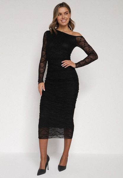 Czarny Koronkowy Komplet Dopasowana Spódnica i Bluzka na Jedno Ramię Calonara. Czarne bluzki damskie Born2be, l, bez wzorów, z koronki, casualowe, dopasowane. Za 159.99 zł.