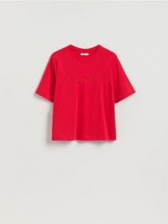 T-shirt regular z haftem - czerwony. Czerwone t-shirty damskie Reserved, l, bez wzorów, z bawełny, bez kołnierzyka. Za 45.99 zł.