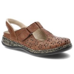 Sandały damskie Rieker, cholewka skóra naturalna ażurowa konstrukcja z wycięciem w kształcie litery t oraz regulowany pasek na rzep, brązowe, 46397-2. Brązowe klapki damskie Rieker, w ażurowe wzory, z jeansu, bez obcasa, bez zapięcia. Za 314.90 zł.