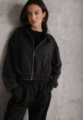 Czarna Bluza Bomberka z Bawełny Oversize Ozdobiona Kołnierzem Vimelles. Czarne bluzy damskie Renee, m, bez wzorów, z bawełny, bez kaptura. Za 139.99 zł.