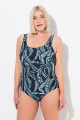 Damskie Kostium kąpielowy wzór roślinny bez miękkich miseczek okrągły dekolt. Czarne kostiumy jednoczęściowe damskie Ulla Popken, plus size, bez wzorów, z elastanu, sportowe, plus size, do pływania. Za 159.99 zł.