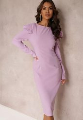 Fioletowa Liliowa Sukienka Taliowana z Bufiastym Rękawem Adarei. Fioletowe sukienki damskie Renee, s, bez wzorów, eleganckie, bez kołnierzyka, bez ramiączek, midi, kopertowe. Za 109.99 zł.